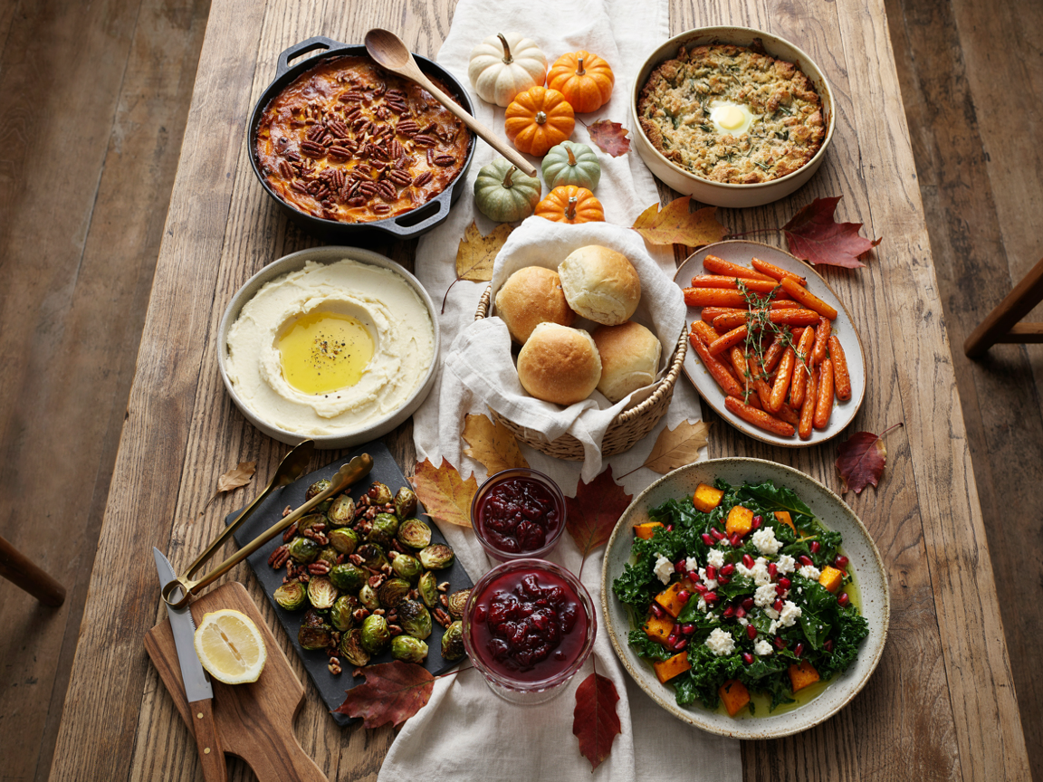 Overhead Thanksgiving side dish spread: sweet potato casserole, herb stuffing, glazed carrots, mashed potatoes, roasted Brussels sprouts and a harvest kale salad