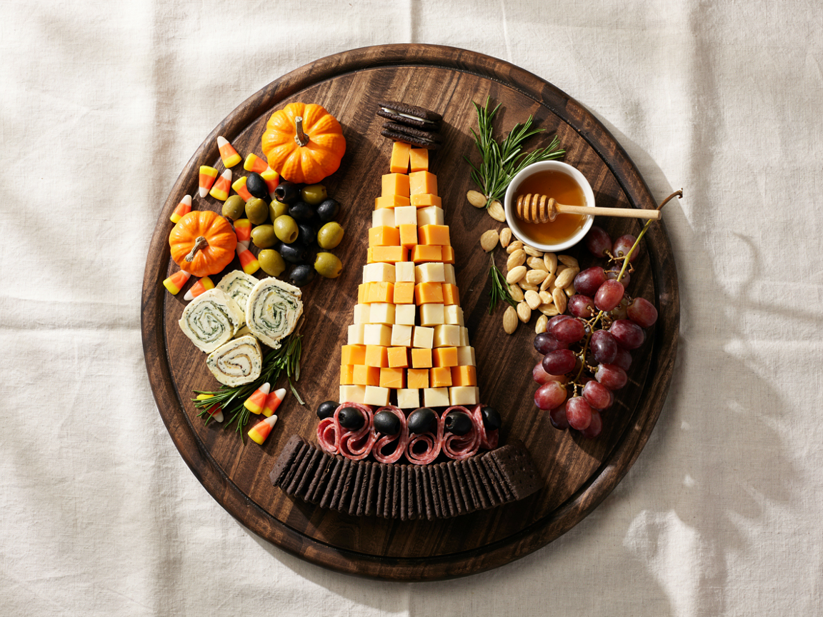 Witch hat charcuterie board: a tall witch hat built from orange and white cheddar cubes with a salami rose band, a dark cracker brim and a cookie tip, surrounded by olives, grapes, pinwheels and honey