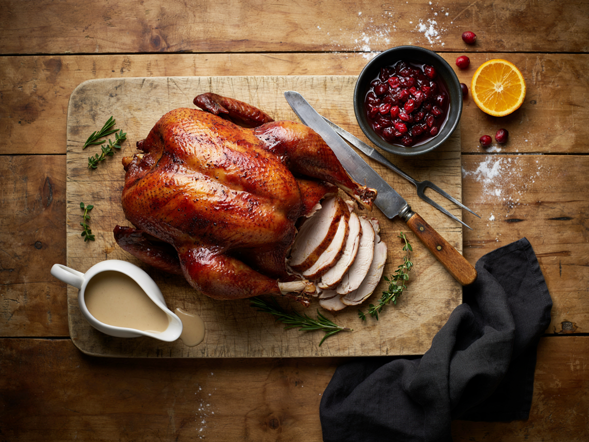 Smoked turkey with a maple BBQ rub on a large wooden carving board: a whole turkey with deep mahogany, glossy, crisp skin, the breast partly carved into thick juicy slices fanned beside it, a small dark bowl of cranberry sauce, a gravy boat, fresh rosemary and thyme, a carving knife and fork and a dark linen napkin on a rustic wooden table