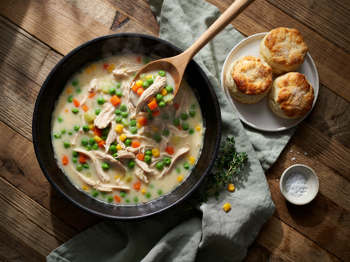 Chicken pot pie filling in a cast iron skillet: thick creamy sauce with shredded chicken, green peas, diced carrots, celery and corn, a wooden spoon lifting a scoop, golden biscuits on a plate beside the skillet