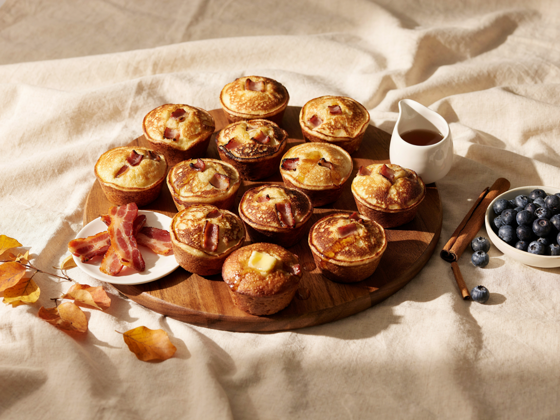 Maple bacon pancake muffins on a wooden board with golden domed tops, crispy bacon pieces and a maple syrup drizzle, with a jug of syrup, bacon strips and blueberries beside them