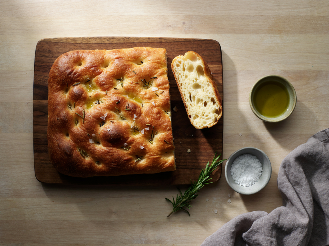 Golden same day focaccia on a wooden board with crisp olive oil edges, deep dimples, rosemary and flaky salt, one square cut to show the airy open crumb