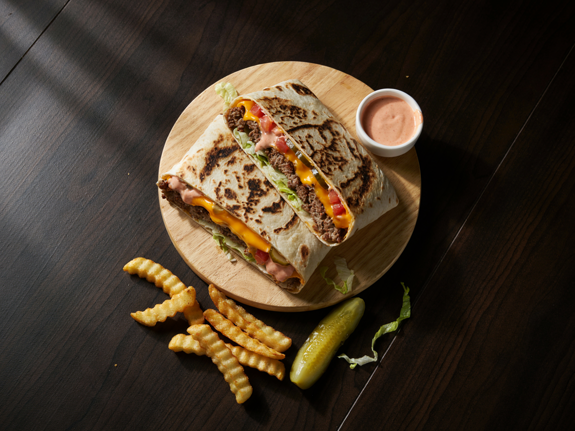 Cheeseburger burrito cut in half and stacked on a wooden board: a golden, char-marked flour tortilla wrapped around seasoned ground beef, melted orange cheddar, shredded lettuce, diced tomato and pickles with creamy pink-orange burger sauce dripping from the cut, a small bowl of sauce and a few fries beside it