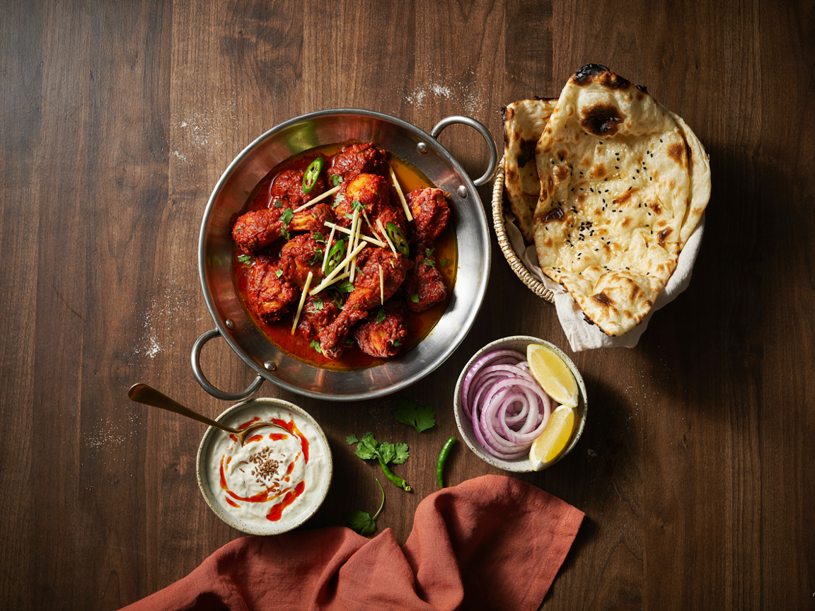 Overhead view of a traditional steel karahi wok filled with Pakistani chicken karahi: bone-in chicken pieces coated in a thick, glossy deep-red tomato masala with ghee pooling at the edges, topped with fresh ginger matchsticks, slit green chilies and chopped cilantro, a basket of blistered naan, a small bowl of sliced red onion with lemon wedges and a bowl of raita on a dark wooden table