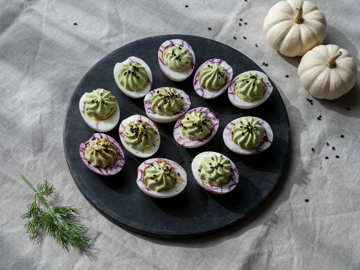 Spooky Halloween deviled eggs with violet marble-effect whites, green avocado filling and black sesame seeds on a slate platter