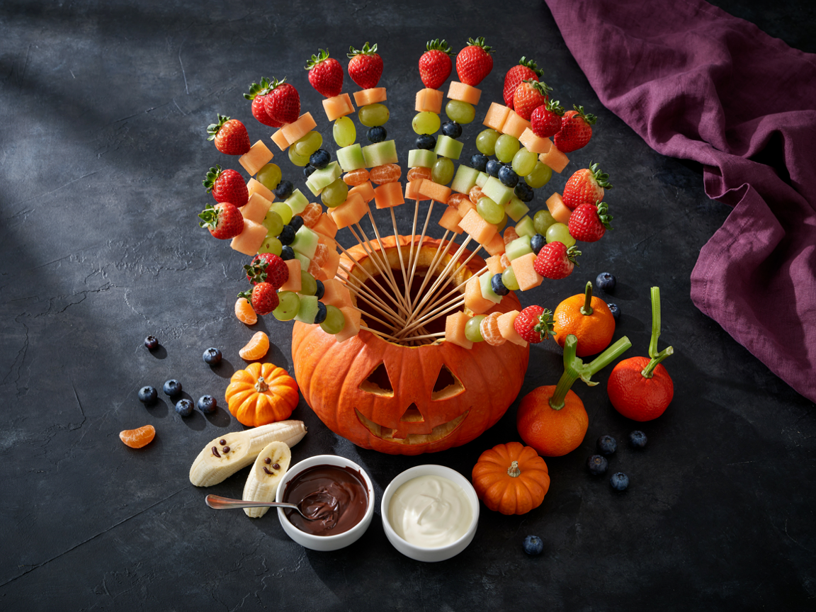 Spooky fruit skewer pumpkin platter: a carved jack-o-lantern on a black slate board with rainbow fruit skewers of strawberries, grapes, melon, blueberries and mandarin fanning out of it, with bowls of chocolate and yogurt dip and ghost-shaped cookies around the base