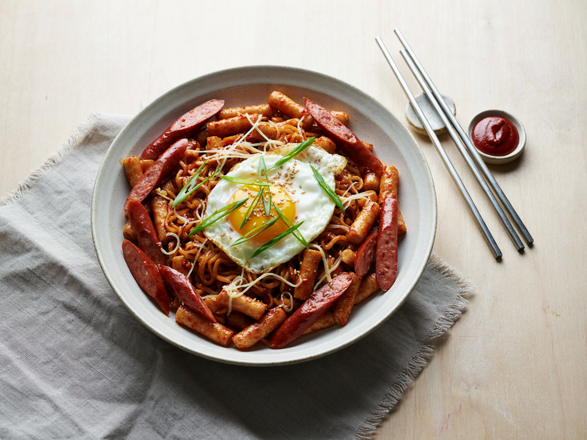 Korean aesthetic tteokbokki and ramen: a wide white bowl of chewy rice cakes and ramen noodles in glossy red gochujang sauce with a sunny-side-up egg in the center, sliced sausage, melted mozzarella strings, scallions and sesame seeds, shot from overhead