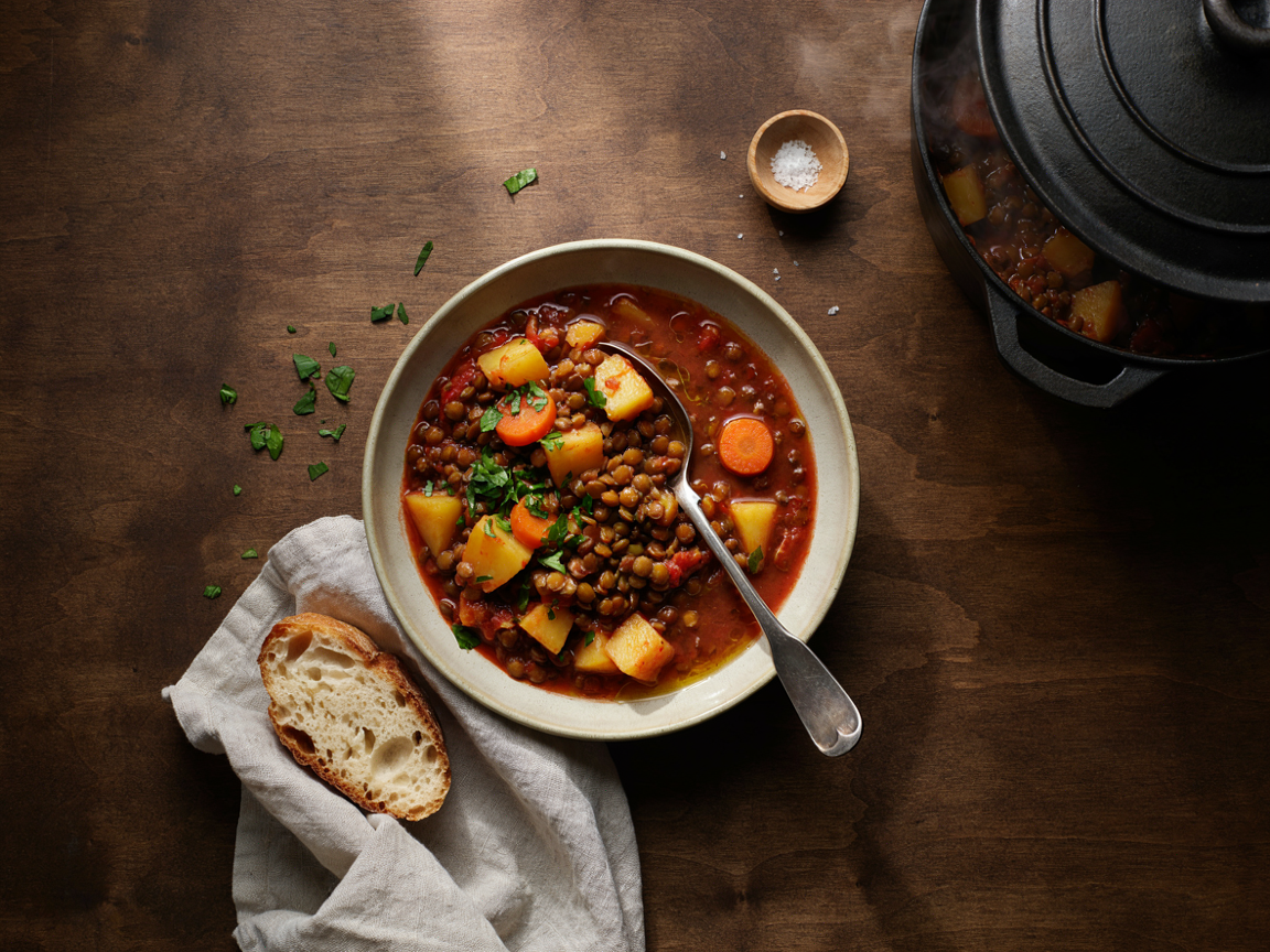 A deep ceramic bowl of hearty green lentil and potato stew from above: whole green lentils, soft cubes of yellow potato and carrot coins in a thick, glossy smoky tomato gravy, chopped parsley and a drizzle of olive oil on top, a spoon, torn crusty bread and a linen napkin beside it, the Dutch oven of stew at the edge of the frame on a dark wooden table