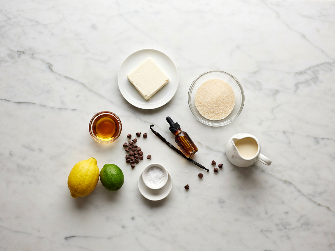 Ingredients for cream cheese frosting without powdered sugar on a marble counter: cream cheese, cream, maple syrup, vanilla beans, chocolate chips, lemon and lime