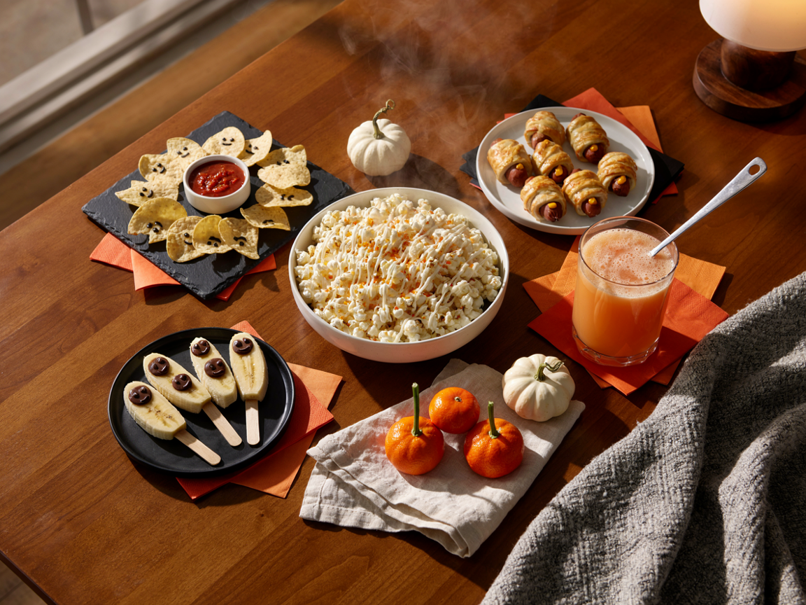 Halloween movie night snack table from above on a wooden coffee table: a board of ghost tortilla chips around a bowl of salsa, a plate of pastry-wrapped mummy hot dogs with mustard eyes, a bowl of popcorn drizzled with white chocolate webs, banana halves with chocolate chip ghost faces on sticks, clementines with celery stems, a glass punch bowl of orange creamsicle punch, small white pumpkins and orange and black napkins