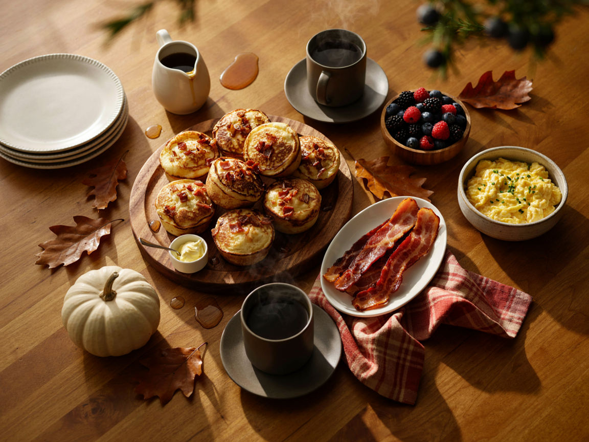 Thanksgiving morning breakfast spread: a board of maple bacon pancake muffins, scrambled eggs, bacon strips, fresh berries, butter, coffee and a white pumpkin on a wooden table