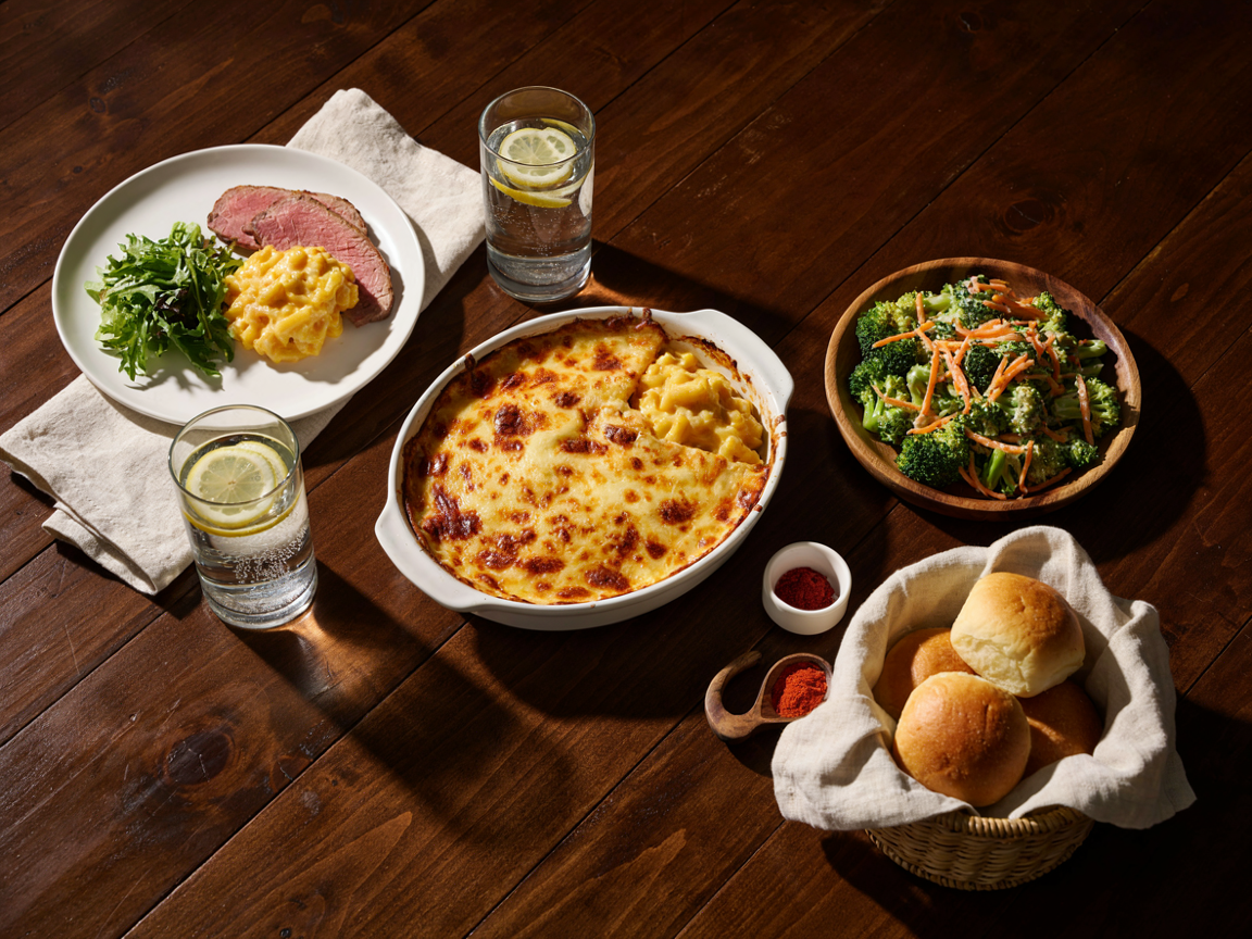 Family dinner table from above: a white dish of golden baked mac and cheese with one scoop removed, a plate served with mac and cheese, sliced roast beef and green salad, a bowl of broccoli salad, a basket of dinner rolls, glasses of water and linen napkins on a dark wooden table