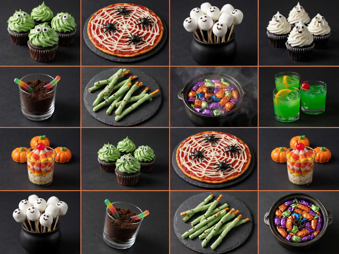A four-by-four grid collage of Halloween party food on a black background with thin pumpkin-orange gridlines: green monster cupcakes with candy eyes, a spider web pizza with a white cheese web and black olive spiders, ghost cake pops on sticks in a black cup, white ghost cupcakes, chocolate dirt cups with gummy worms, green witch-finger pretzel rods with almond nails, a small black cauldron, bright green punch in glasses, candy corn layered parfait cups and orange pumpkin treats