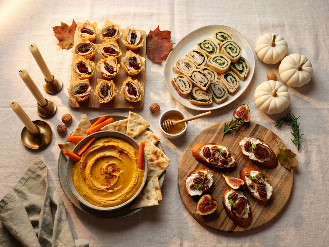 A Thanksgiving appetizer table seen from above on a cream linen tablecloth: a wooden tray of turkey charcuterie cups, a platter of tortilla pinwheel roll-ups, a bowl of orange pumpkin hummus with carrot sticks and pita wedges, a board of crostini with fig jam and whipped ricotta, small white pumpkins, autumn leaves and taper candles, warm afternoon light