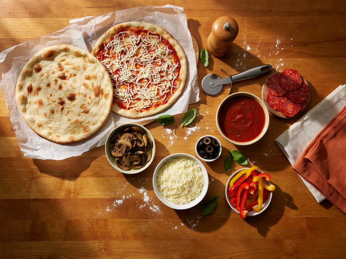 Build-your-own pizza night from above on a wooden table: two par-baked gluten-free crusts on parchment, one topped with sauce and cheese ready to bake, bowls of pizza sauce, shredded mozzarella, beef pepperoni, sauteed mushrooms, sliced peppers, olives and fresh basil, a pizza cutter and linen napkins