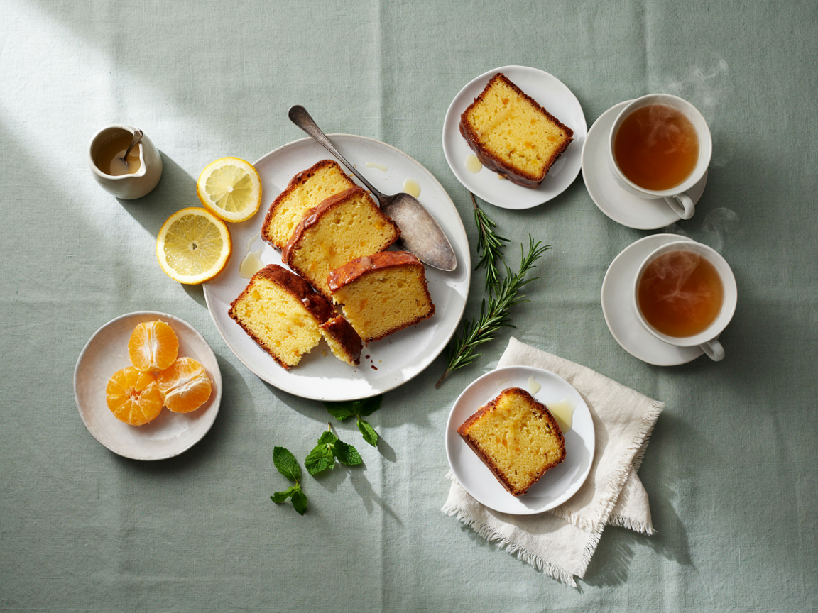 An afternoon tea table from above: a glazed orange pound cake on a white plate with several slices cut, small plates with slices, cups of tea, a bowl of fresh orange segments, a small jug of glaze, orange slices and a sprig of greenery on a sage green tablecloth, soft daylight