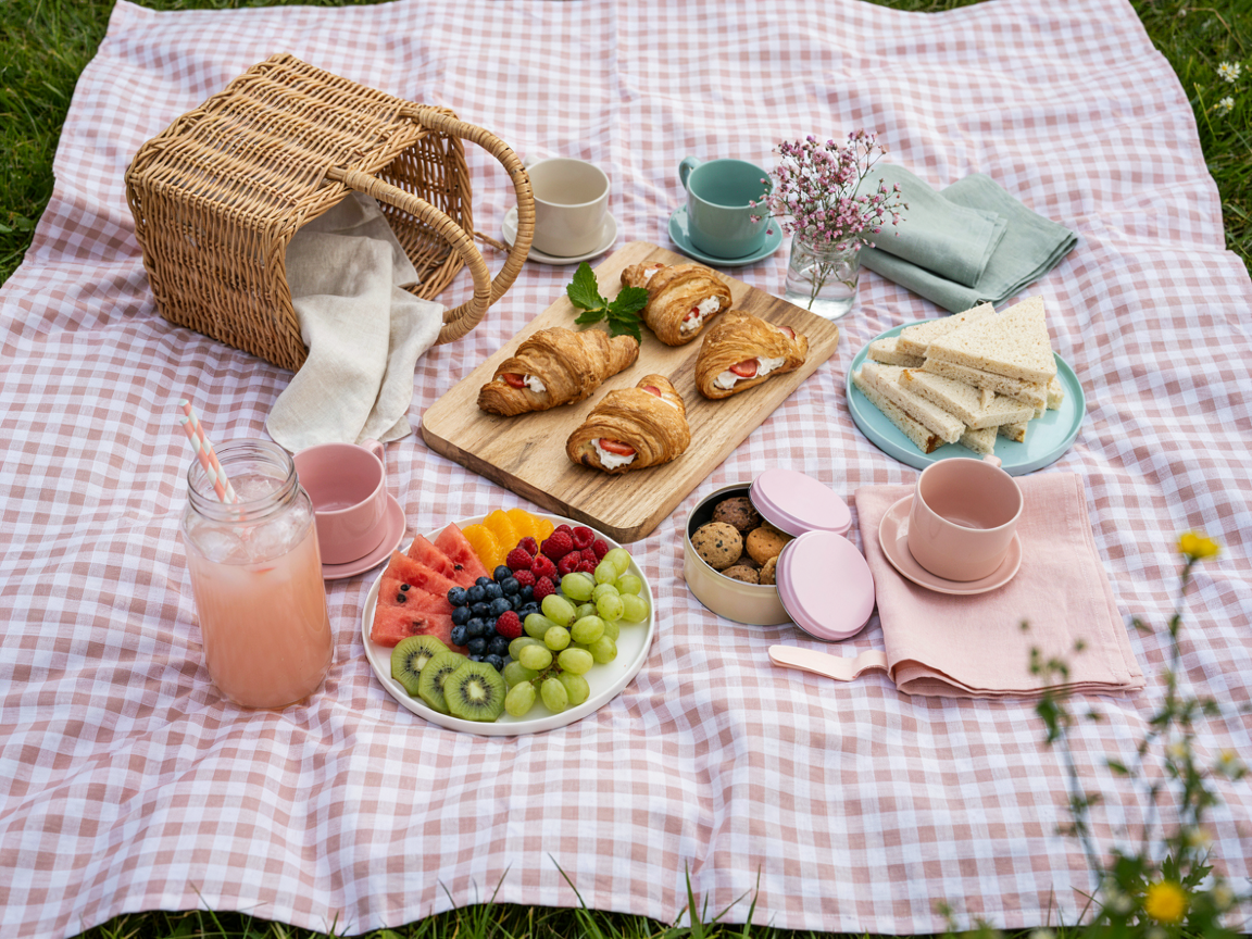 An aesthetic summer picnic spread on a pink and white gingham blanket on green grass from above: a wicker basket, pastel mint and pink cups and plates, a wooden board of halved croissants filled with cream and strawberries, a rainbow fruit platter, a stack of crustless tea sandwiches, a jar of pink lemonade with paper straws, a tin of cookies, a small jar of pink flowers, cloth napkins, bright afternoon light