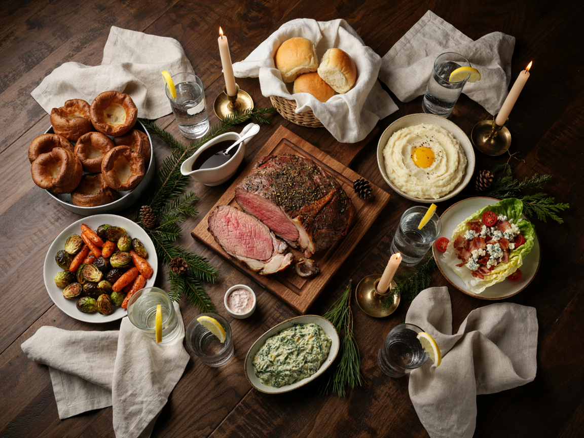 A holiday prime rib dinner table from above: a carved bone-in prime rib roast with a rosy pink center and dark herb crust on a wooden board, a bowl of mashed potatoes with butter, a platter of roasted Brussels sprouts and glazed carrots, a tin of puffed golden Yorkshire puddings, a wedge salad, a dish of creamed spinach, a small bowl of creamy horseradish sauce, a gravy boat of jus, a basket of dinner rolls, candles, linen napkins and greenery