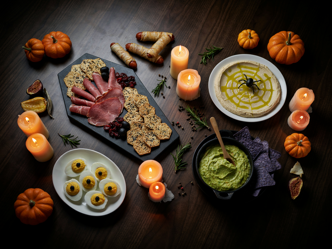 A Halloween party snack table seen from above: the coffin charcuterie board in the center, a round spider web hummus platter with an olive spider, green guacamole in a small black cast-iron pot with blue corn tortilla chips, a plate of deviled egg eyeballs, mummy dogs wrapped in golden pastry, mini pumpkins and lit candles on a dark wooden table, moody warm light