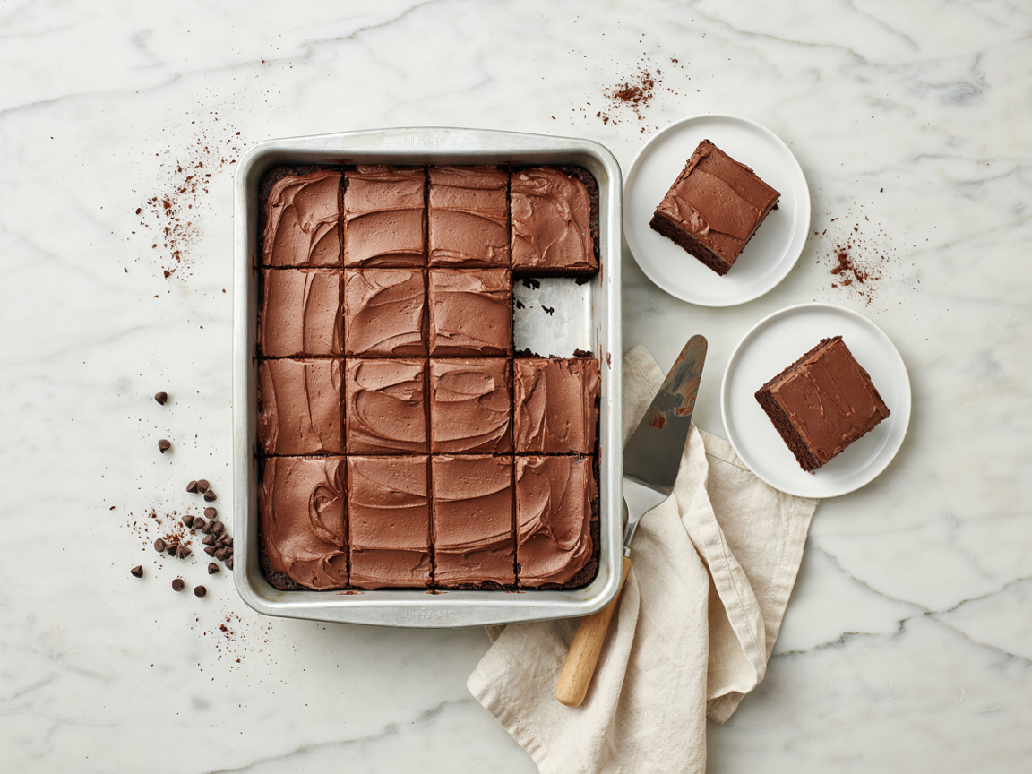Overhead view of a frosted chocolate sheet cake in a 9x13 pan cut into squares, with two squares on small white plates