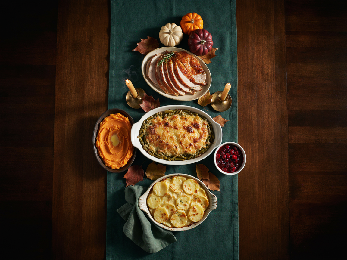 A Thanksgiving dinner table from above: the white oval dish of golden-topped green bean casserole at center, a platter of sliced roasted turkey breast, a dish of scalloped potatoes, a bowl of mashed sweet potatoes, cranberry sauce in a small bowl, autumn leaves and small pumpkins on a linen runner over a dark wooden table, warm evening light, overhead food photography