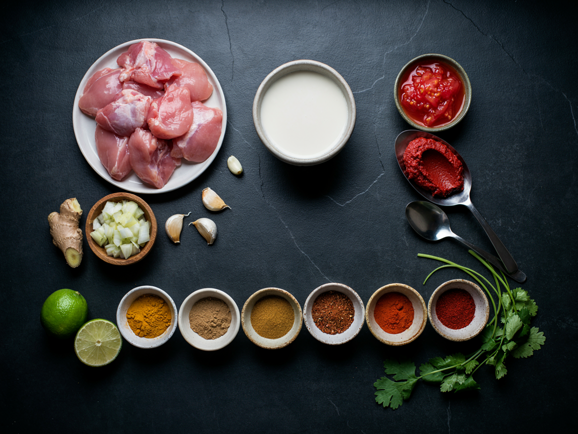 Ingredients for coconut chicken curry: chicken thighs, coconut milk, crushed tomatoes, onion, garlic, ginger and bowls of spices