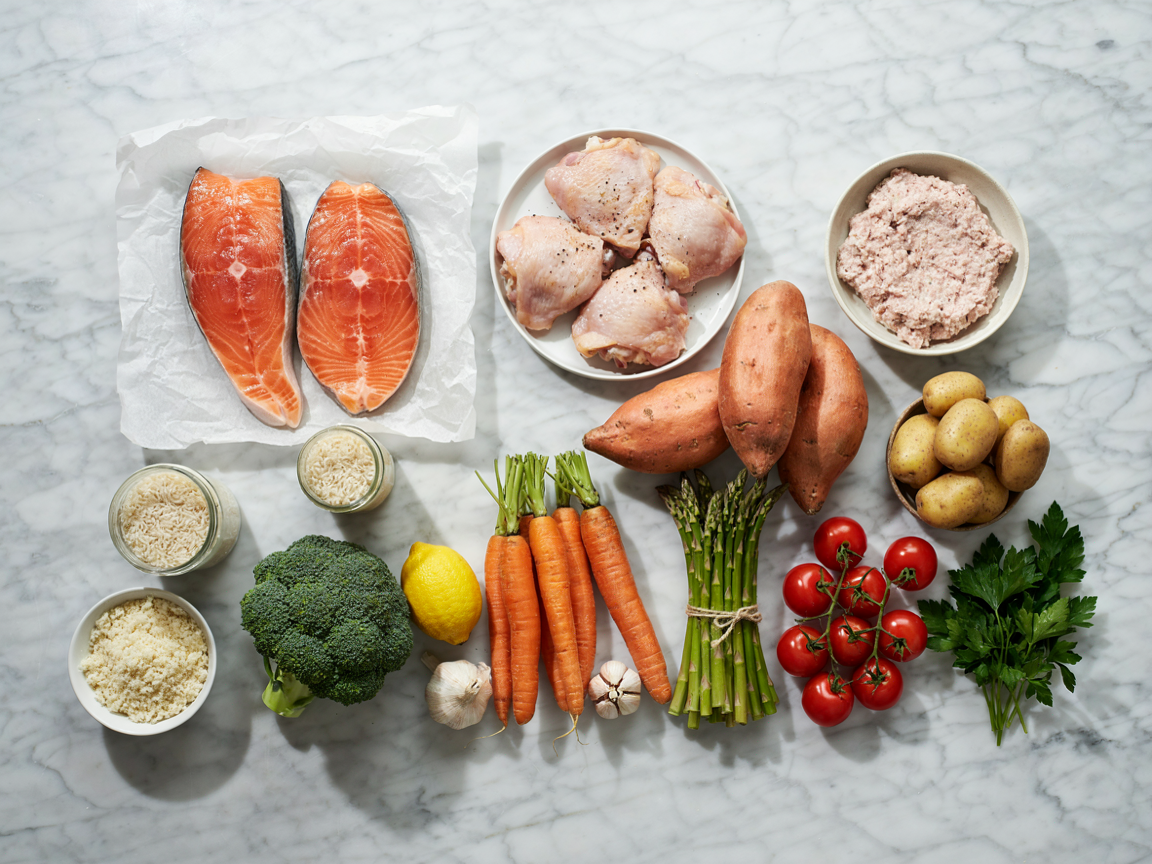 Grocery haul for weekly meal prep: salmon, chicken thighs, ground turkey, sweet potatoes, broccoli, asparagus, rice and potatoes