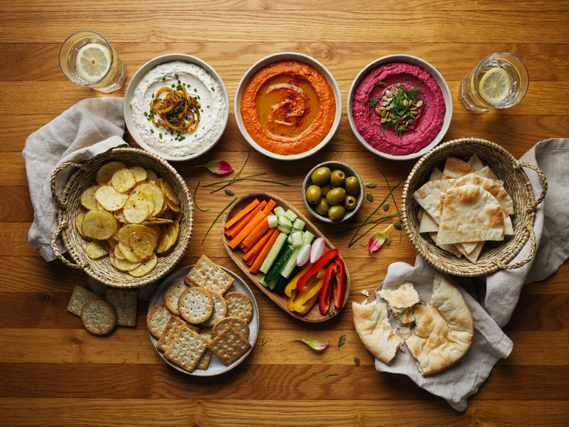 Snack table from above on a wooden table: a bowl of caramelized onion cottage cheese dip, a bowl of bright orange roasted red pepper dip and a bowl of hot pink beet dip with pumpkin seeds, baskets of kettle chips and pita chips, a platter of carrot, celery, cucumber, radish and bell pepper, crackers, torn flatbread, small bowls of olives, linen napkins