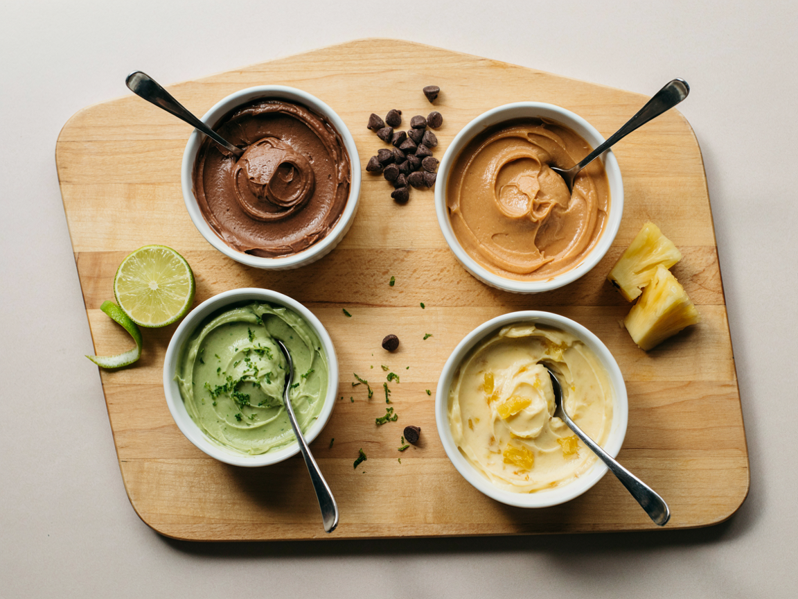 Four bowls of chocolate, maple, lime and pineapple cream cheese frosting with spoons