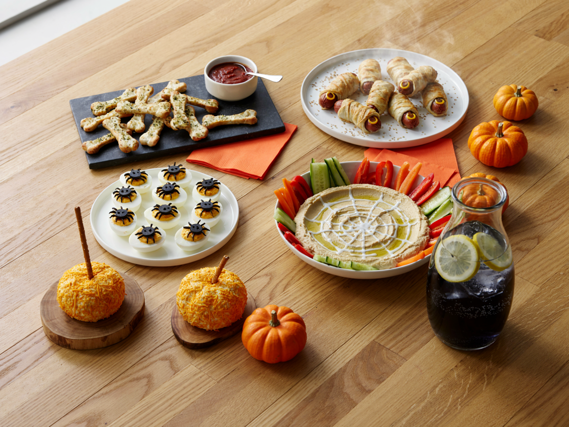 A Halloween party snack table seen from above: a dark board of cheesy breadstick bones with a bowl of marinara, pastry-wrapped hot dogs with mustard dot eyes, deviled eggs with black olive pupils, a spider web hummus platter with vegetable sticks, a pumpkin-shaped cheese ball with a pretzel stem, a clear jug of black lemonade with lemon slices, mini pumpkins and orange napkins on a light wooden table