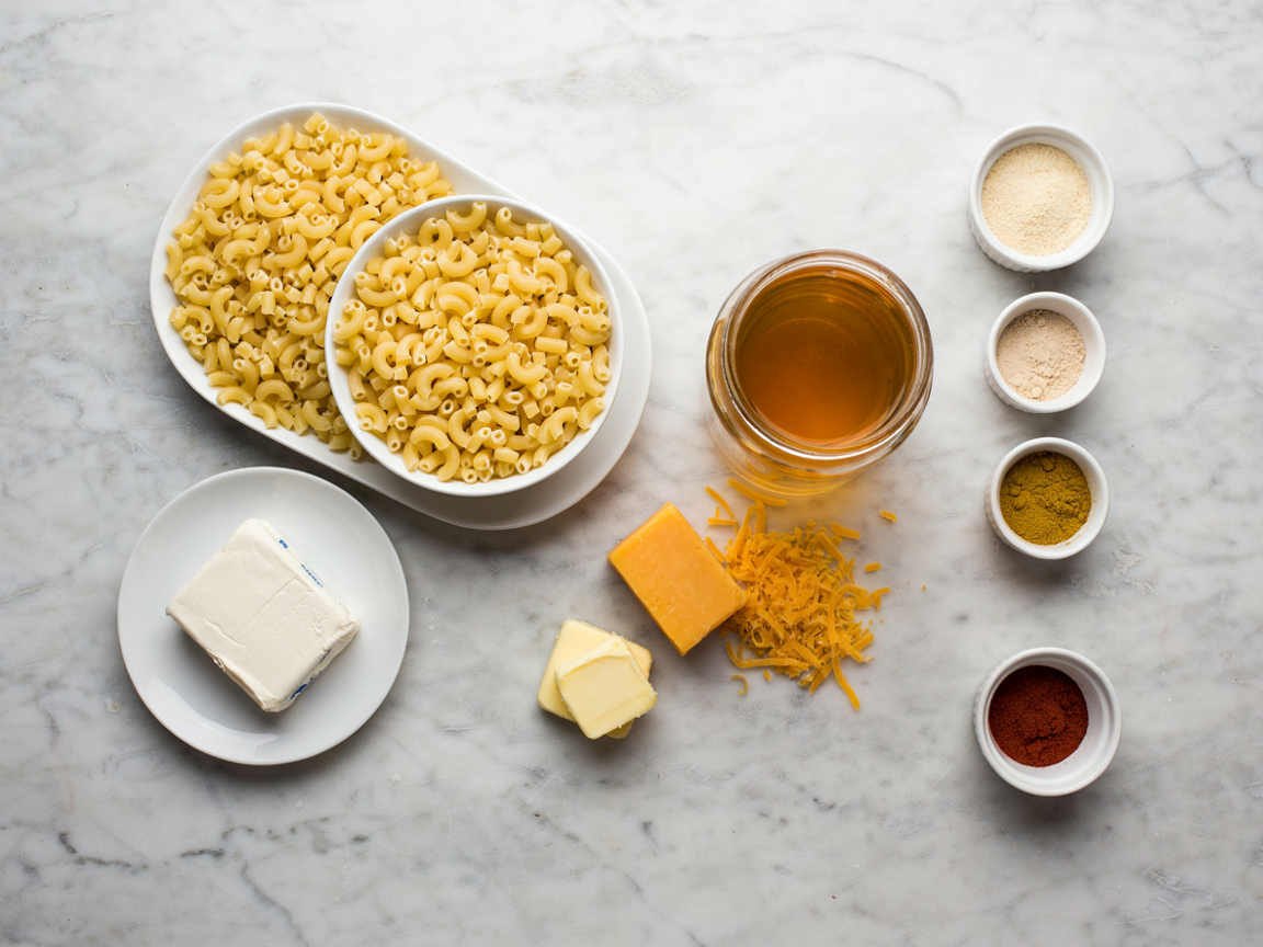 Elbow macaroni, a jar of broth, a block of cream cheese, butter, sharp cheddar and spices on a counter