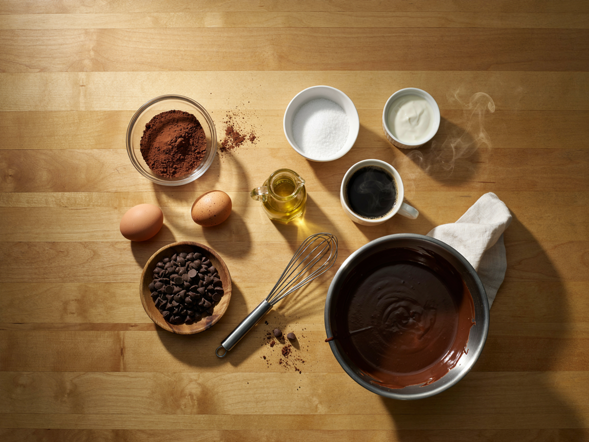 Overhead flat lay of cocoa powder, granulated sweetener, eggs, oil, coffee, chocolate chips and a bowl of chocolate cake batter on a wooden table