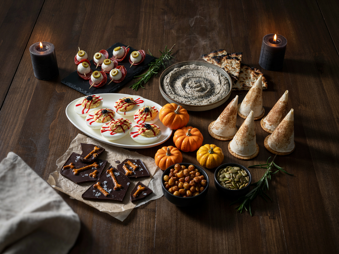 A spooky Halloween appetizer spread for adults seen from above on a dark table: a black slate board of mozzarella eyeball skewers, a bowl of gray black sesame hummus with black flatbread wedges, spider web deviled eggs on a platter, witch-hat tortilla cones on round crackers, shards of dark chocolate bark with pretzel bones, small black bowls of roasted chickpeas, mini pumpkins and lit pillar candles, warm moody light