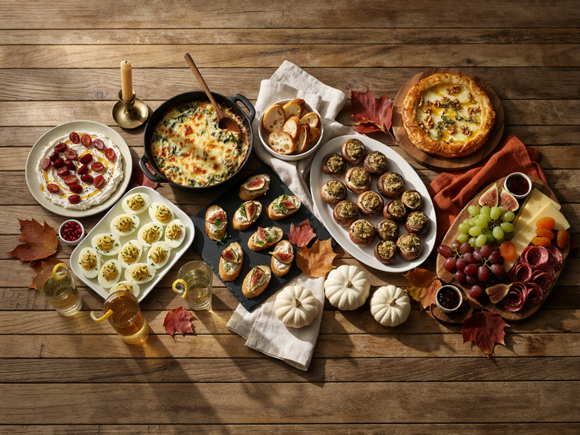Thanksgiving appetizer hour from above on a long wooden table: the baked brie board, a skillet of bubbling spinach artichoke dip, a bowl of whipped feta with roasted grapes, a platter of stuffed mushrooms, a tray of deviled eggs, goat cheese and fig crostini, a harvest charcuterie board with beef salami, cheeses, grapes and figs, small pumpkins, autumn leaves, glasses of sparkling cider and linen napkins