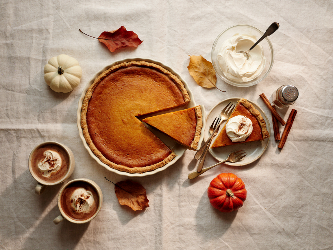 Thanksgiving dessert table from above on a cream linen cloth: a whole pumpkin pie with two slices cut, a slice served on a small plate with whipped cream, a bowl of softly whipped cream, a shaker of cinnamon, cinnamon sticks, small pumpkins, autumn leaves, dessert forks and mugs of hot cocoa
