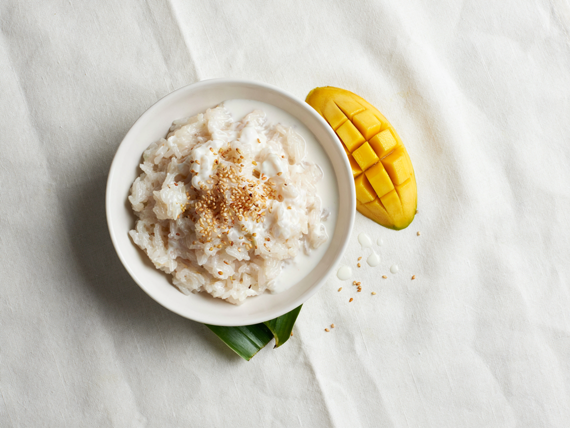 A shallow white ceramic bowl of glossy coconut sticky rice sprinkled with toasted sesame seeds, a ripe golden mango cheek scored in a grid and pushed up into cubes beside it, a drizzle of white coconut sauce pooling over the rice, a green pandan leaf tucked at the side, on an ivory linen cloth, soft natural light, overhead food photography