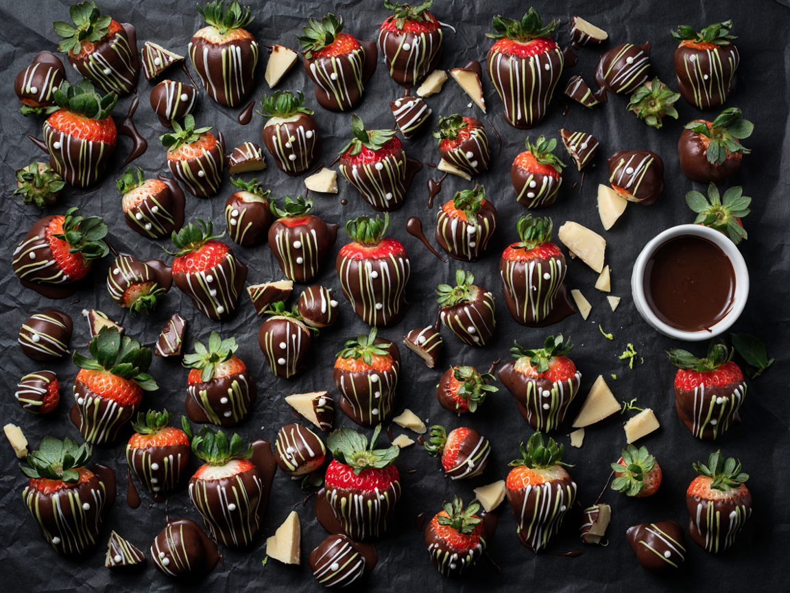 Beetlejuice strawberries: rows of large strawberries on black parchment seen from above, each dipped in glossy black chocolate leaving the green tops and a red shoulder showing, piped with thin vertical white and lime-green stripes and small white details, a small bowl of melted chocolate and white chocolate shards scattered around, soft light