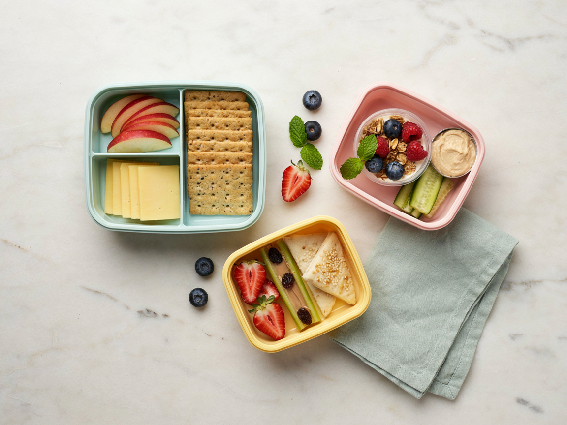 Three colorful bento snack boxes with apple slices, cheese, crackers, strawberries, berries, cucumber, hummus and pita triangles on a marble counter