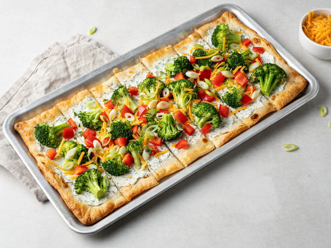 A long rectangle of cold veggie pizza on a grey sheet pan, cut on the diagonal into slices: golden crescent crust, white herbed cream cheese, finely chopped broccoli, diced red pepper, shredded cheddar and sliced green onion, soft natural light, food photography