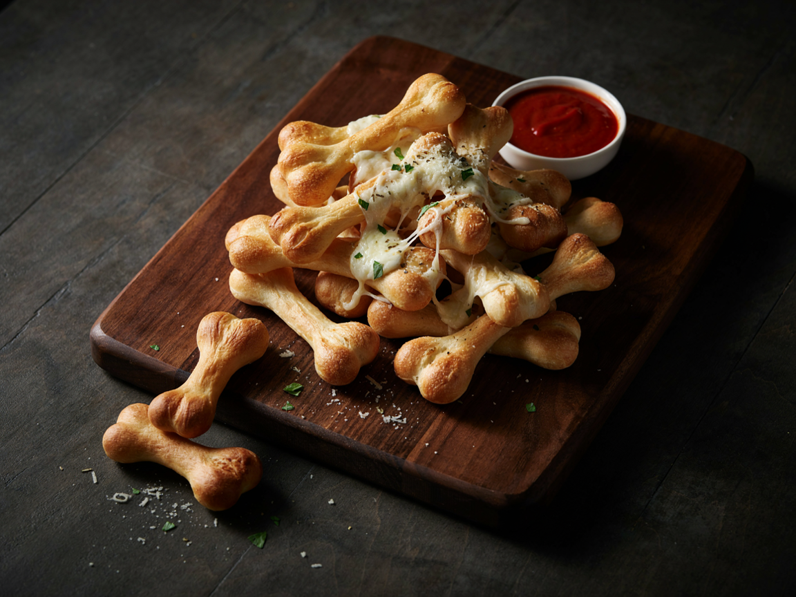 A dark wooden board piled with bone-shaped breadsticks seen from above at an angle, each a soft dough rope with both ends split and curled into round knobs, golden and puffed, covered in melted mozzarella and grated parmesan with green herb flecks, a small bowl of red marinara sauce on the board