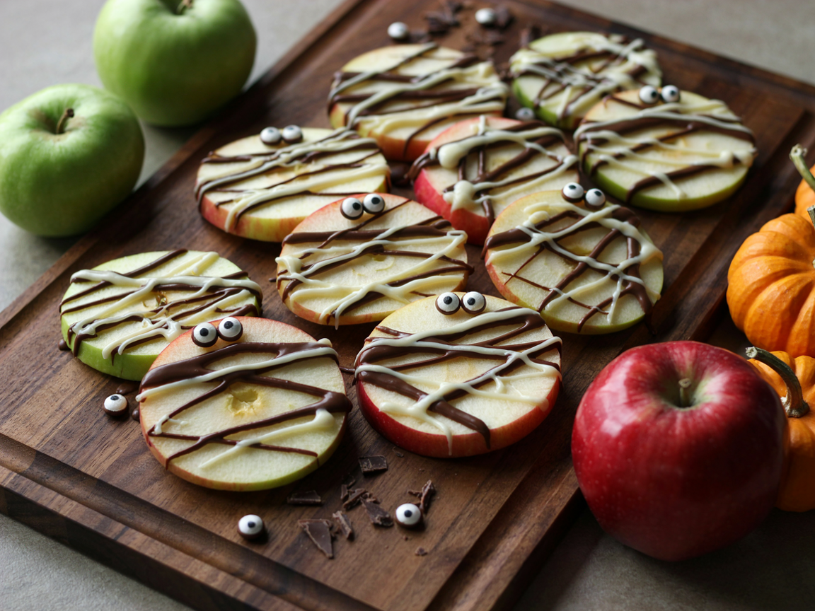 Thick cored rounds of green Granny Smith and red apples in rows on a dark wooden board, seen from above at a slight angle, each striped with zigzag drizzles of white chocolate and thin dark chocolate lines like mummy bandages, two candy eyes peeking from a gap on each round, whole green and red apples and small pumpkins beside the board, soft warm light