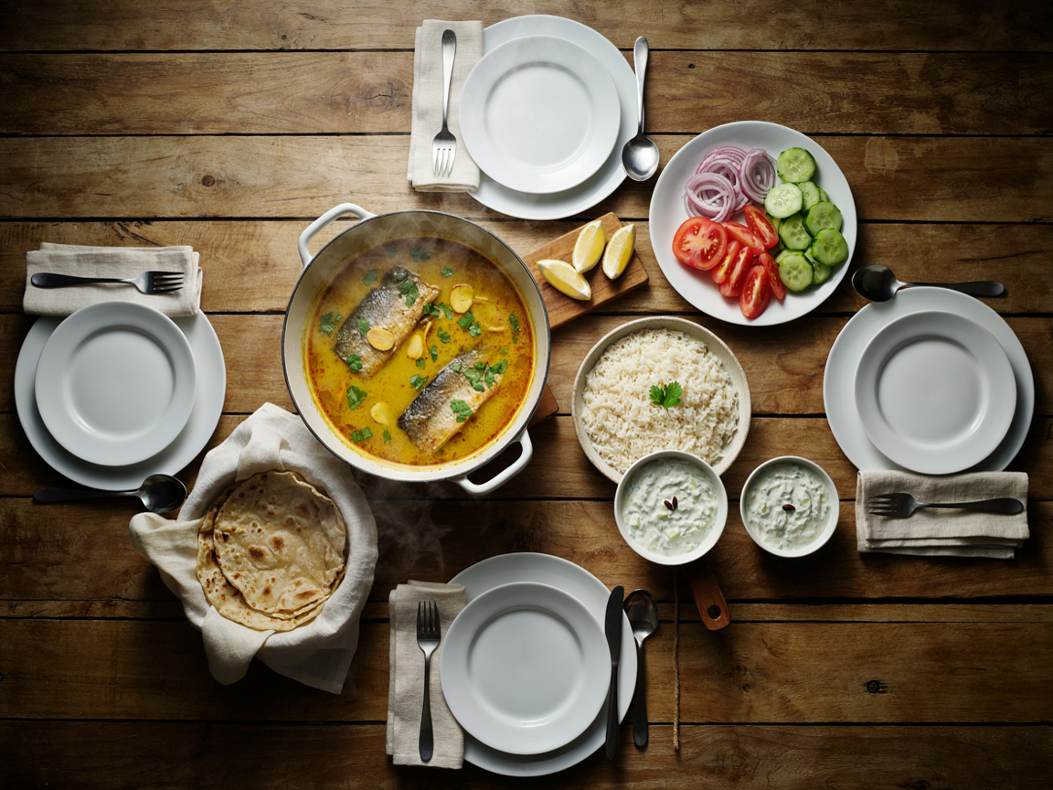 A dinner table for four from above: a white braiser of fish curry with ginger and cilantro, a bowl of fluffy basmati rice, a stack of warm roti in a cloth, a small bowl of cucumber raita, a plate of sliced onion, tomato and cucumber salad, lemon wedges and four plates on a wooden table, warm evening light, overhead food photography