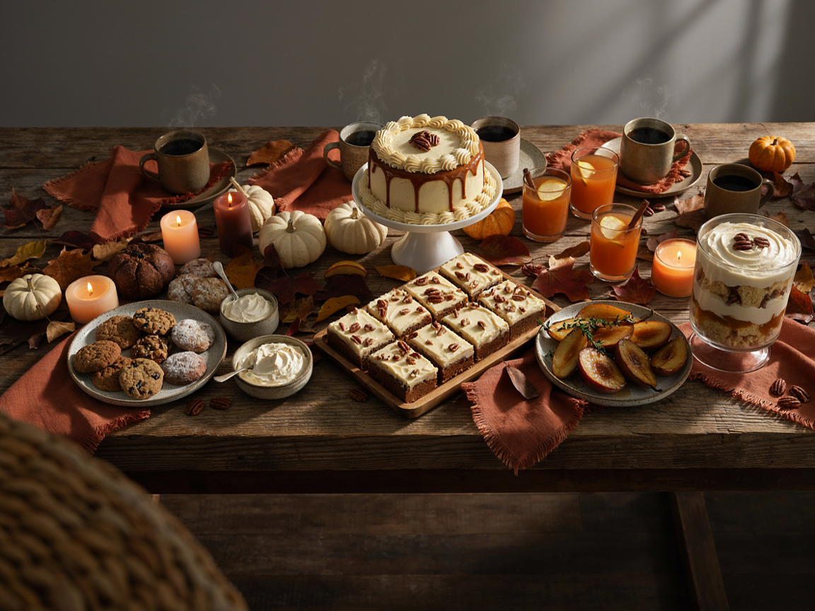 Thanksgiving dessert hour from above on a long wooden table: a cake stand with a pumpkin caramel layer cake, a tray of frosted pumpkin bars, a glass trifle bowl of layered pecan caramel and cream, a plate of cookies, a dish of warm baked pears, small bowls of whipped cream, mugs of coffee and glasses of amber apple cider, candles, small pumpkins and autumn leaves, linen napkins