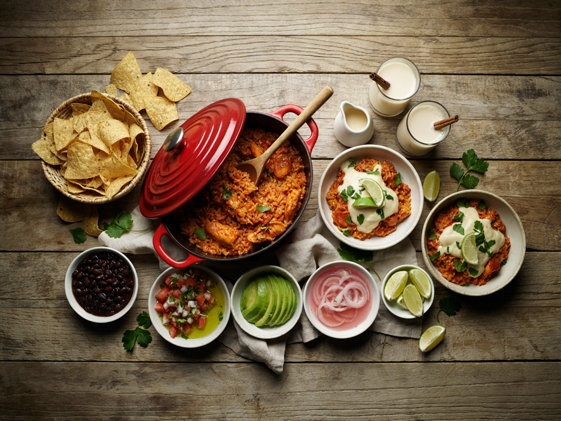 Mexican bowl night from above on a wooden table: a Dutch oven of chicken and orange rice with a serving spoon, a small pitcher of white queso, bowls of black beans, pico de gallo, sliced avocado, pickled red onions and lime wedges, a basket of tortilla chips and three served bowls with queso poured over, linen napkins