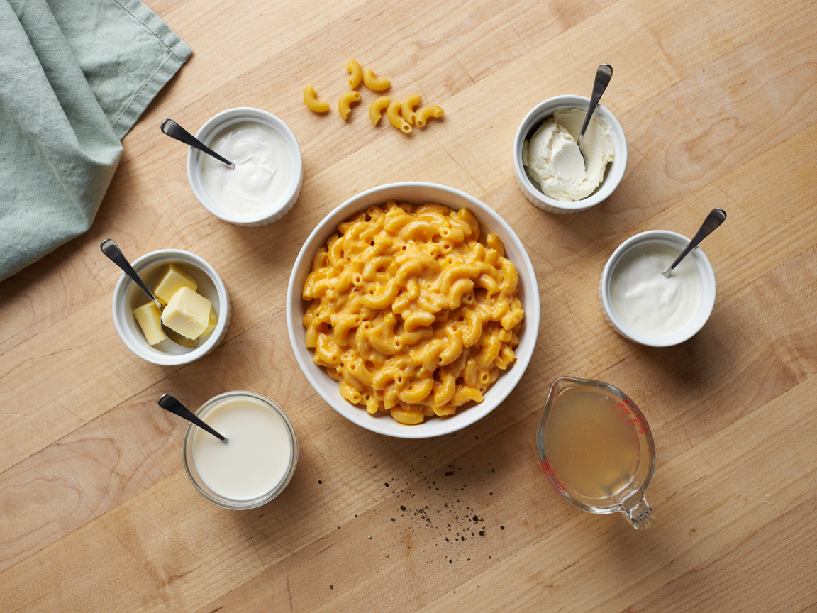 Bowl of creamy boxed mac and cheese surrounded by small bowls of sour cream, cream cheese, butter, Greek yogurt and cream