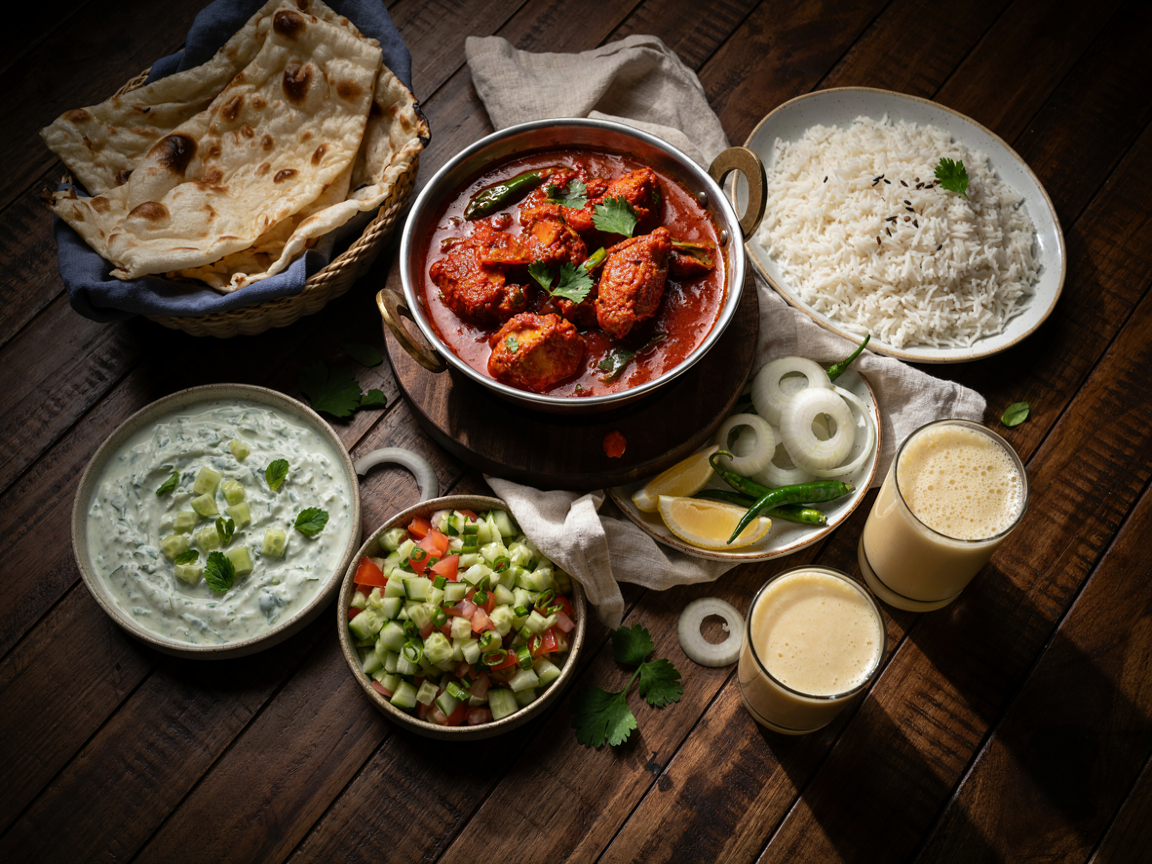 Pakistani dinner table from above: a steel karahi of red chicken karahi on a wooden trivet in the center, a cloth-lined basket of naan and tandoori roti, a platter of basmati rice, a plate of sliced raw onion with lemon wedges and green chilies, a bowl of cucumber mint raita, a bowl of kachumber salad, glasses of mango lassi and linen napkins