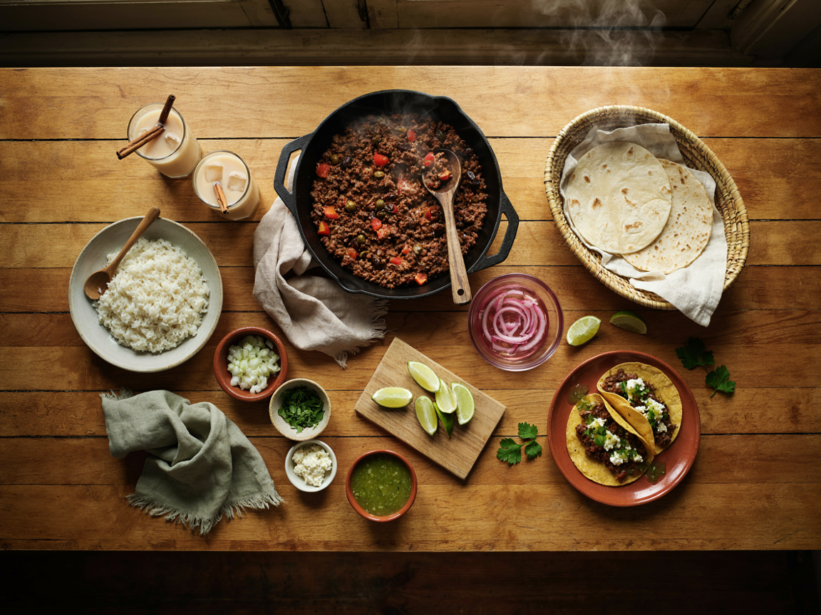 Taco night from above on a wooden table: a skillet of picadillo with a serving spoon, a basket of warm corn and flour tortillas, a bowl of white rice, small bowls of diced white onion, chopped cilantro, lime wedges, pickled red onions, crumbled queso fresco and a green salsa, two assembled picadillo tacos on a plate, linen napkins