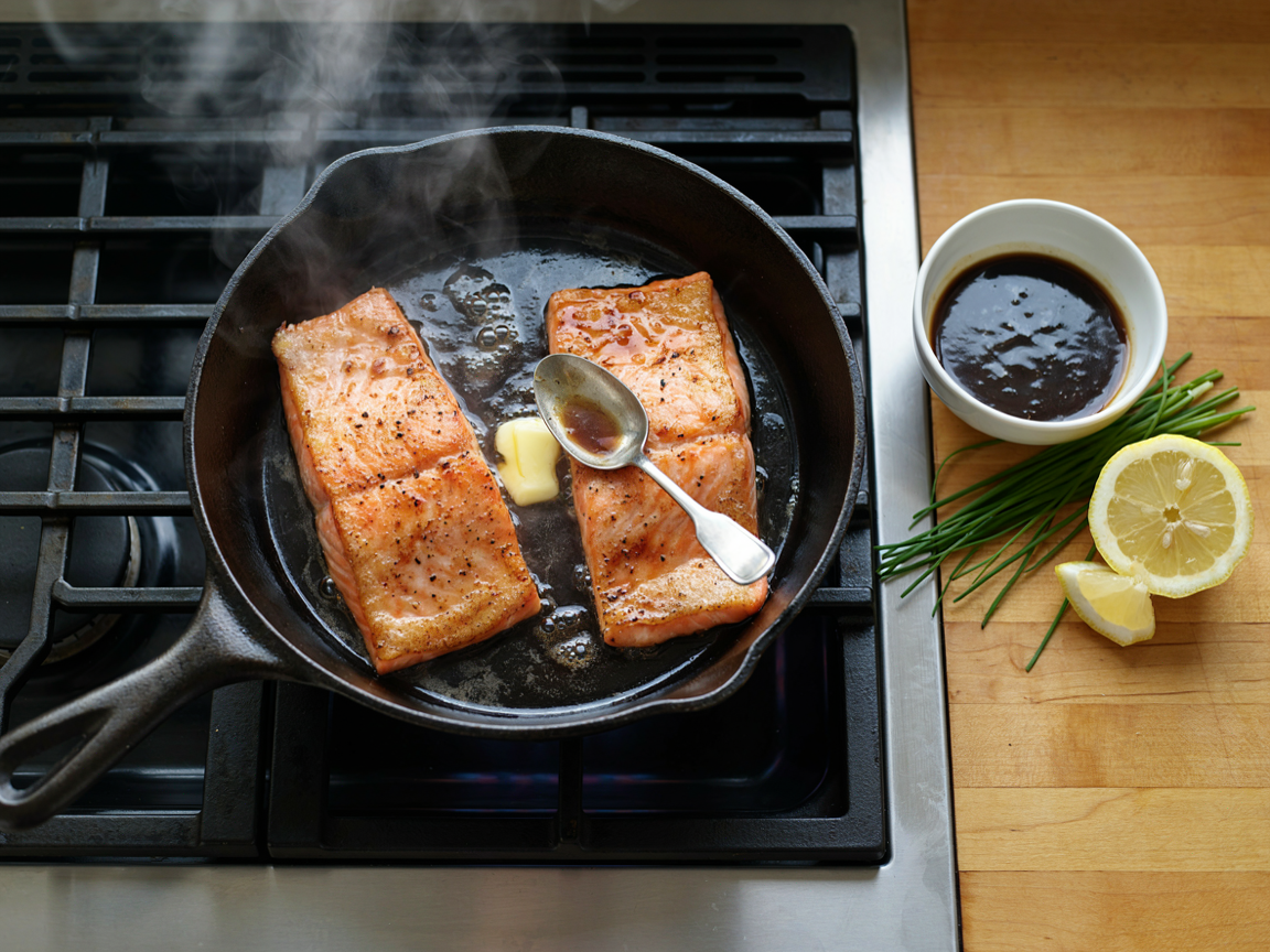 A cast iron skillet on the stove with two seared salmon fillets skin side down, a dark bubbling glaze poured around them and a pat of butter melting, a spoon basting the fillets, a small bowl of the glaze, a bunch of chives and a halved lemon on the counter beside the stove
