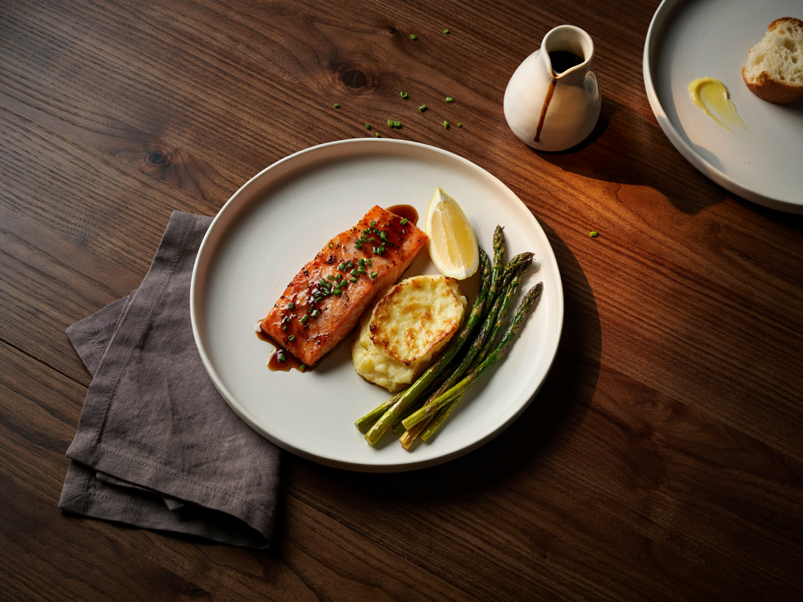 A steakhouse-style dinner plate from above: a glazed salmon fillet with a dark sticky glaze and chives, a scoop of creamy scalloped potatoes, roasted asparagus spears, a lemon wedge and a small white jug of extra glaze, with a linen napkin and a second plate at the edge on a dark wooden table