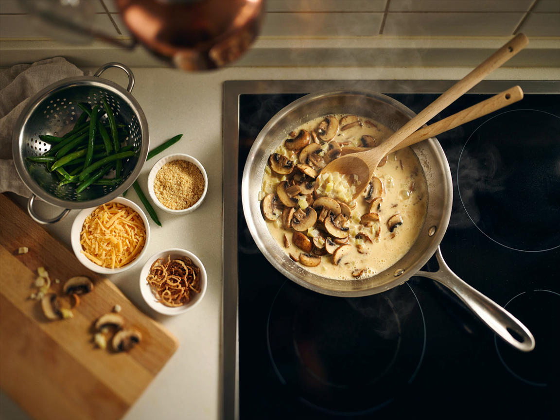 A large stainless skillet on the stove with golden sauteed sliced mushrooms and diced onion in a thickening creamy sauce, a wooden spoon resting in it, a colander of bright green blanched green beans and a bowl of shredded cheddar beside the stove, a small bowl of panko and crispy fried onions nearby, overhead angle, warm kitchen light